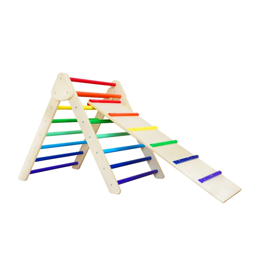 

Rainbow winning children ladder climbing wooden and ramp pikler slide set, Na