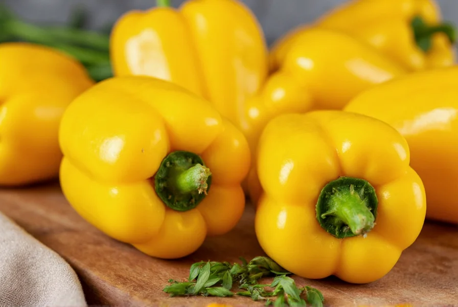 Close-up of vibrant yellow bell peppers on a wooden cutting board with fresh herbs