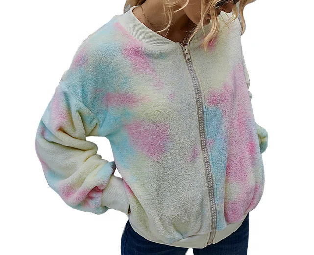 

New Arrival autumn winter long sleeve tie dye print full zip up women Sherpa coat, Picture