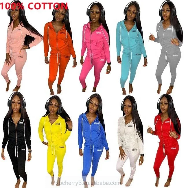 

2021 Custom Logo cotton jogging suits Women Clothing cotton jogger pants sport set women Hoodie sport set women