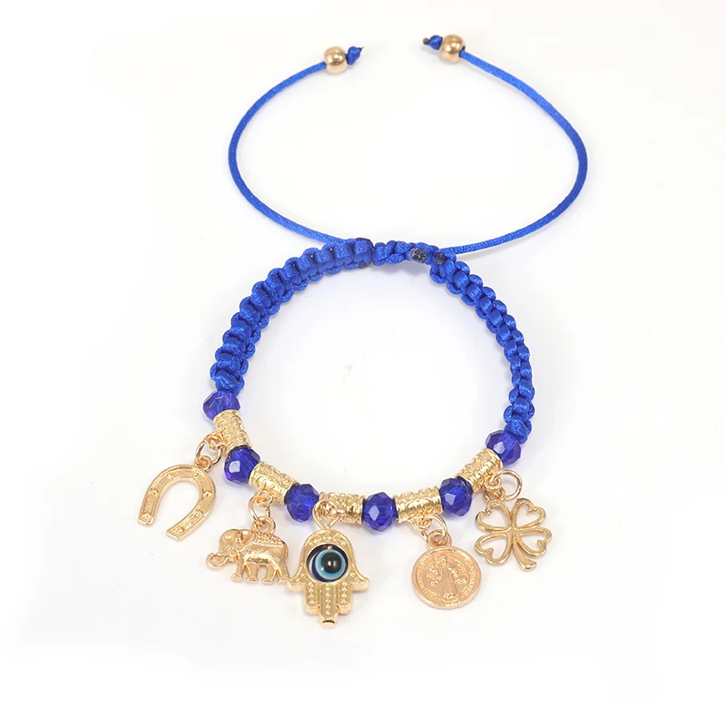 

Size adjustable rope alloy colorful evil eye elephant fatima hand clover leaf religious bracelet