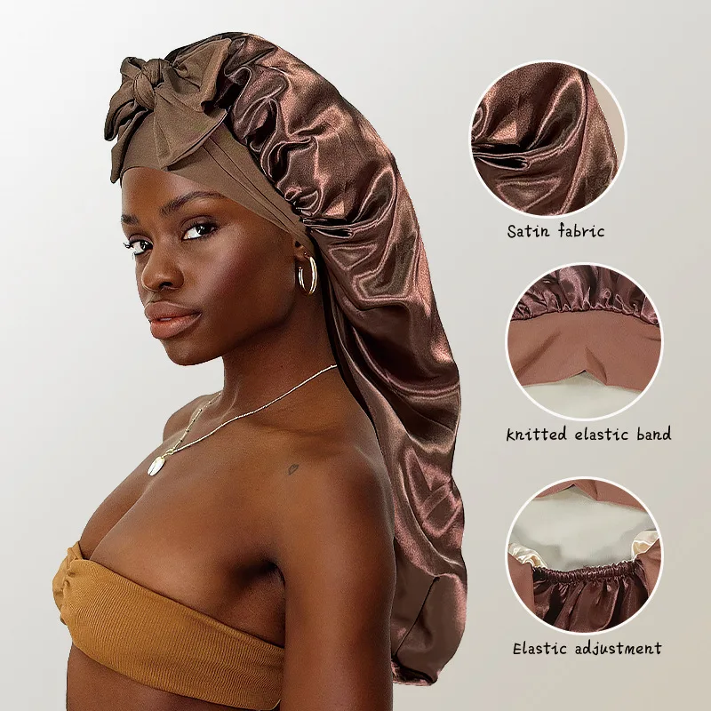 Custom Logo Double Layer Reversible Elastic Band Hair Silk Satin Long Braid Bonnet for Braids Customization