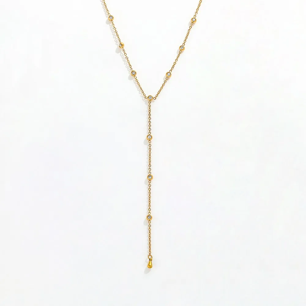 Joolim Jewelry 18K Gold Plated Stainless Steel Link Necklace Dainty Cubic Zirconia Y Tassel Stylish Fashion Chains for Trendy