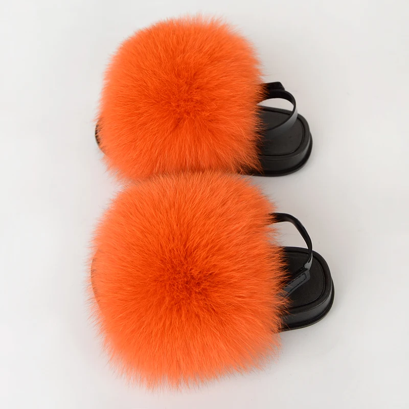 

summer custom logo Factory Wholesale Pvc Ladies fluffy Fox Fur kids Soft Real Fox Fur Slides, As picture show or customized