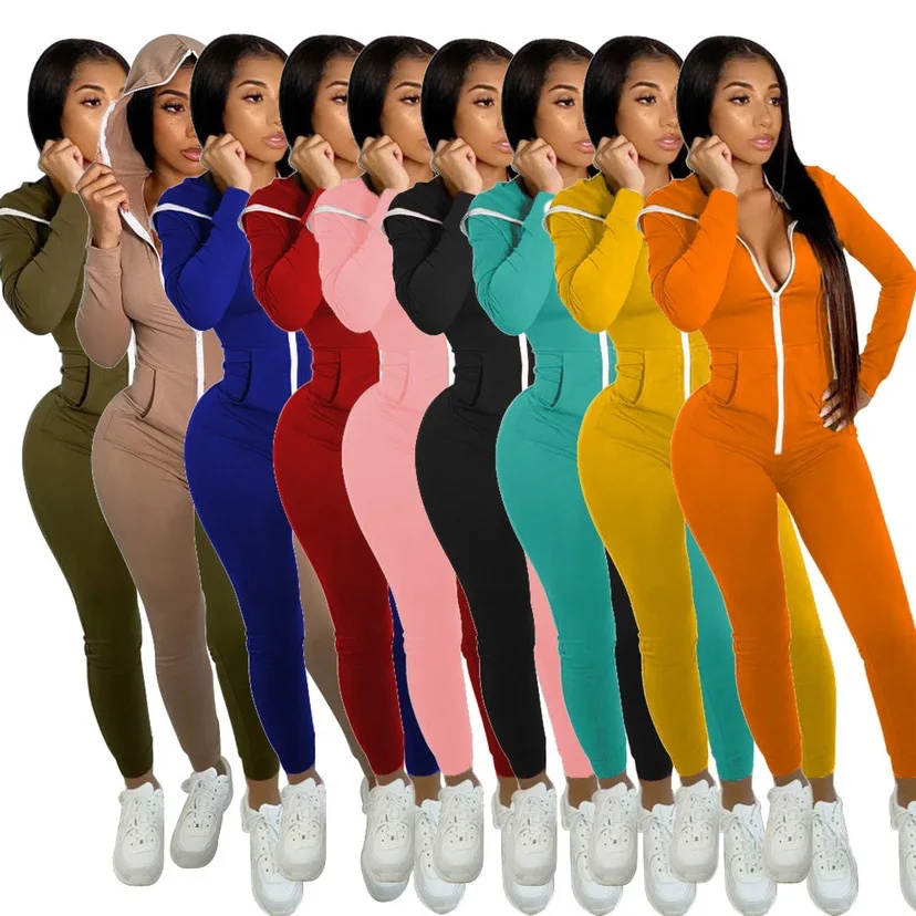 

2021 Zipper Jumpsuit Hooded Women's One Piece Playsuit Pockets Fitness Romper Full Sleeve Yoga Jumpsuit Workout, Picture color