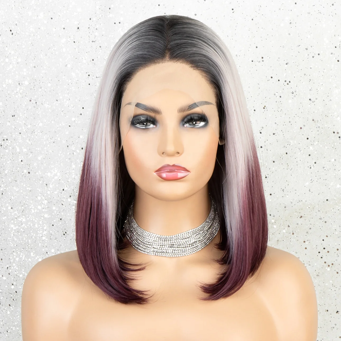 

Aliblisswig Fashionable Dark Root Ombre Grey Purple Middle Part Short Straight Bob Heat OK Fiber Hair Lace Front Synthetic Wigs