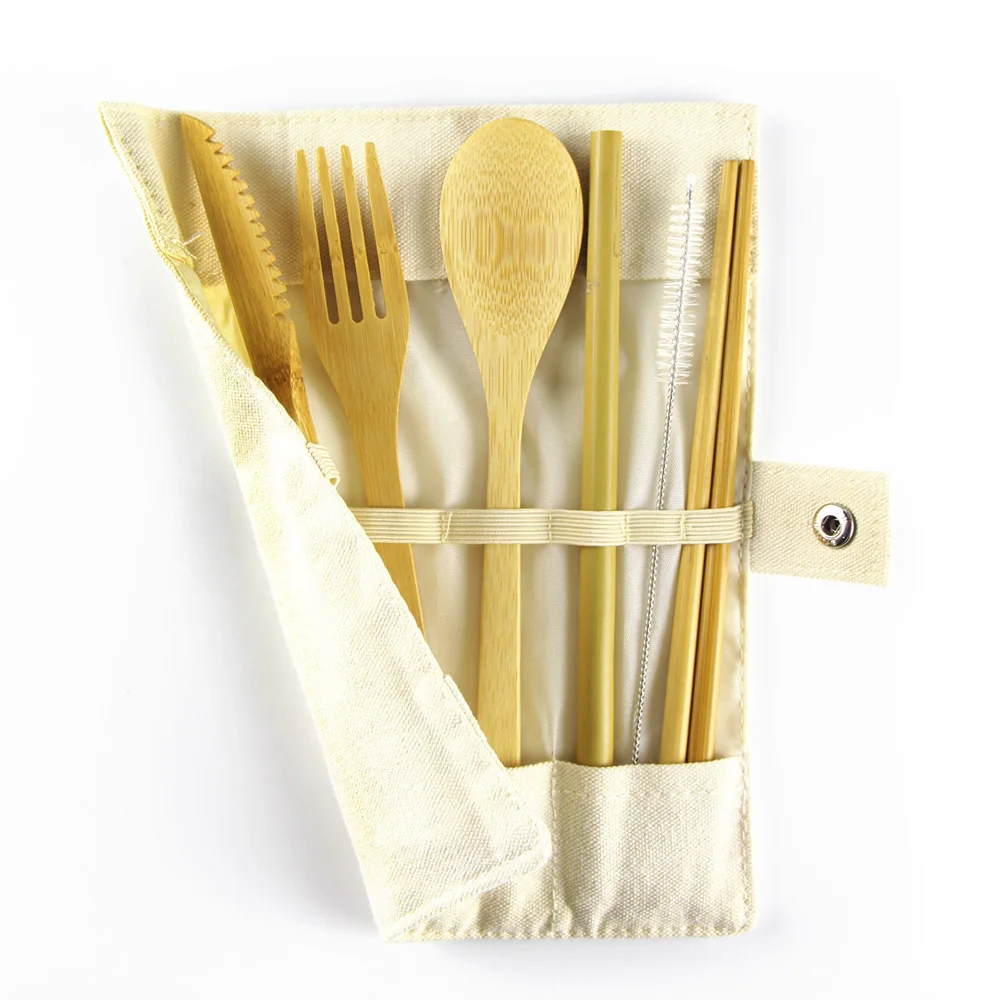 

Canvas Cover Custom Logo Multi-color Packaging Cutlery Set Eco Bamboo Wooden Tableware Set, Natural
