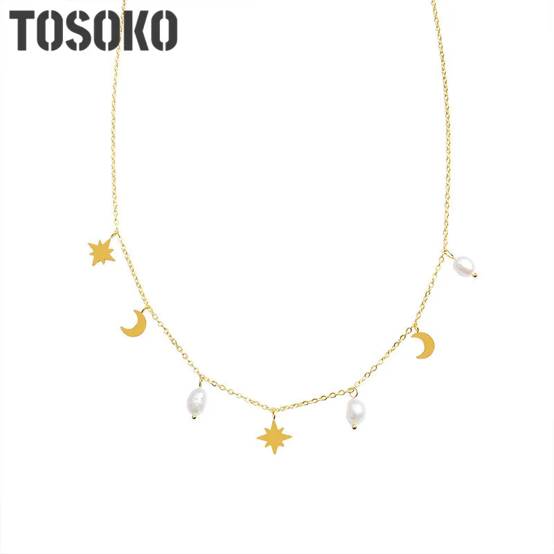 

Stainless Steel Jewelry Star Moon Freshwater Pearl Tassel Clavicle Necklace Female Elegant Sweater Chain BSP774