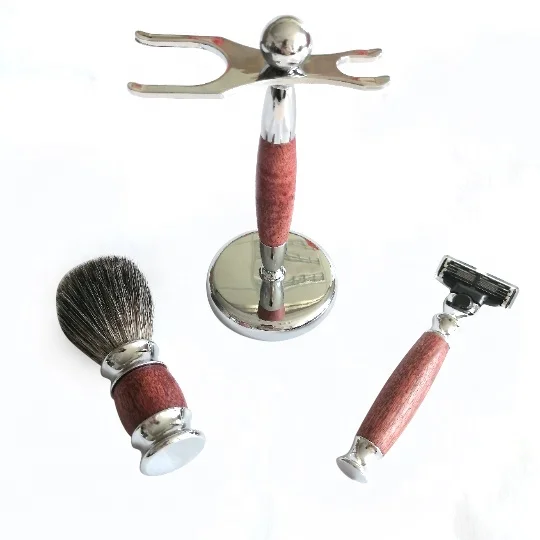 

Hot Selling Rosewood Handle Super Badger Hair Shaving Brush Set Safety Razor With Brush Stand, As picture