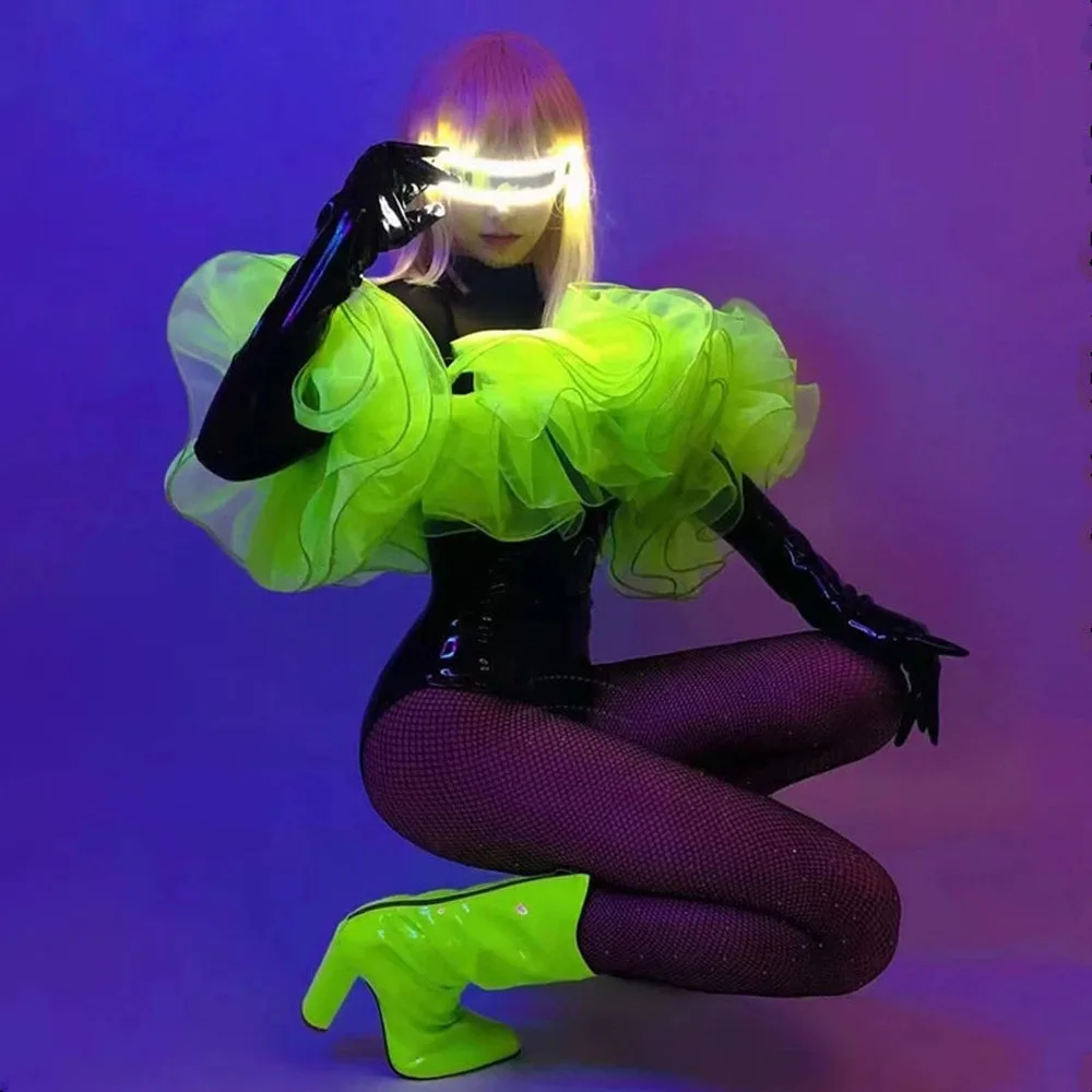 

Black Leather Bodysuit Fluorescent Green Gothic Style Show Outfit Women DJ Dancer Singer Nightclub Sexy Stage Costume