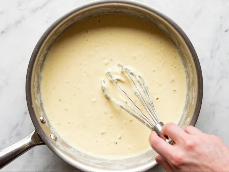 Whisking creamy alfredo sauce in stainless steel pan
