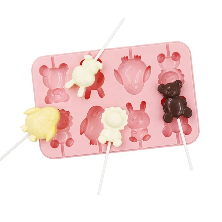 

Wholesale 8-Cavity Cartoon Animal-Shaped Silicone Chocolate Mold With Lid Diy Cute Lollipop, Pink,green,yellow