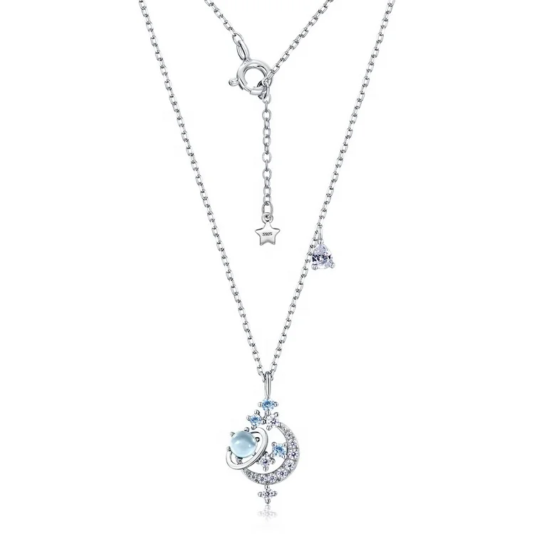 

925 Sterling Silver Universe Necklace Blue Topaz Spinel 5A Cubic Zirconia Planet Pendant Necklaces