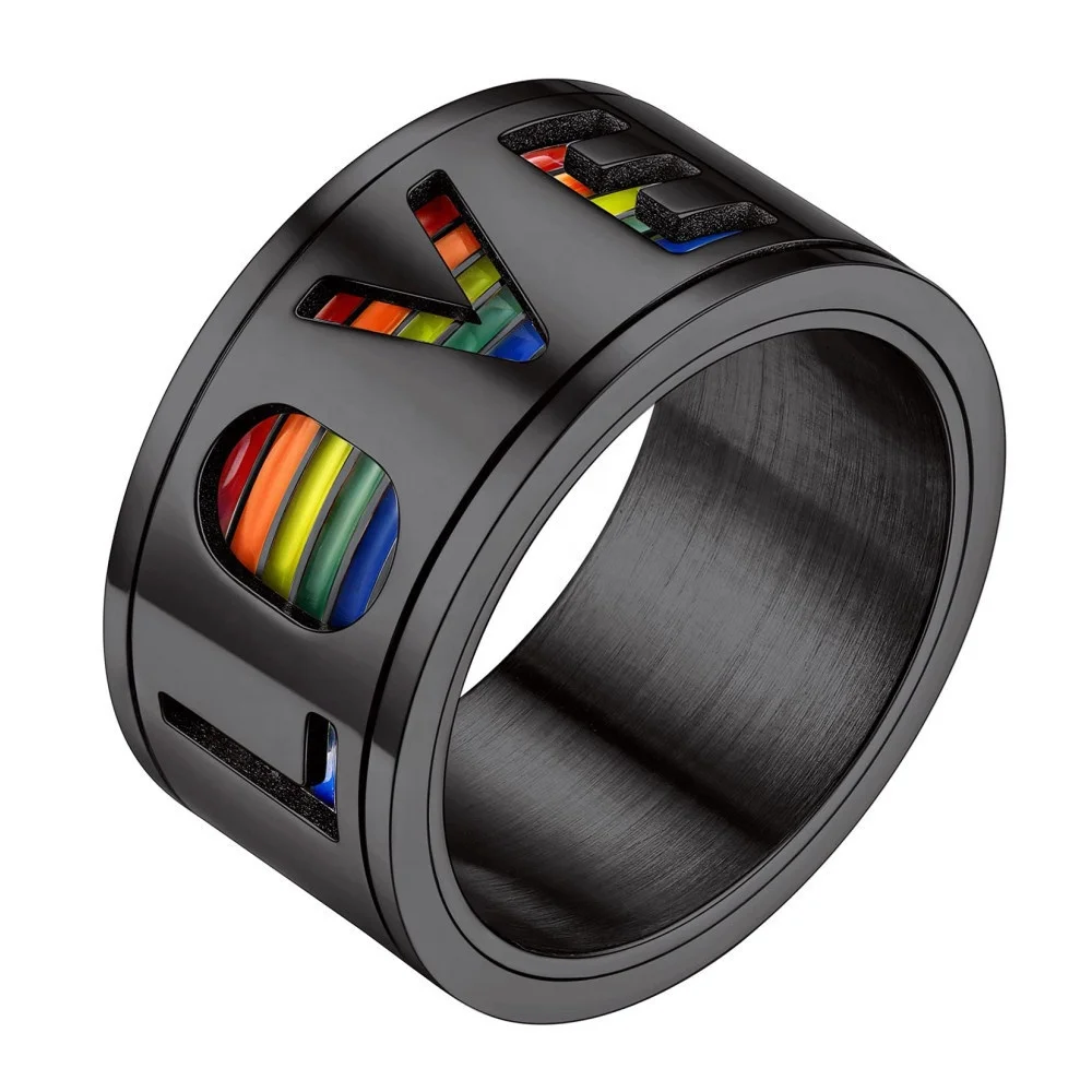 

SC New Gay Fidget Spinner Ring Wedding Bands Size  Classic Stainless Steel Black Silver Love Enamel Rainbow LGBT Pride Ring