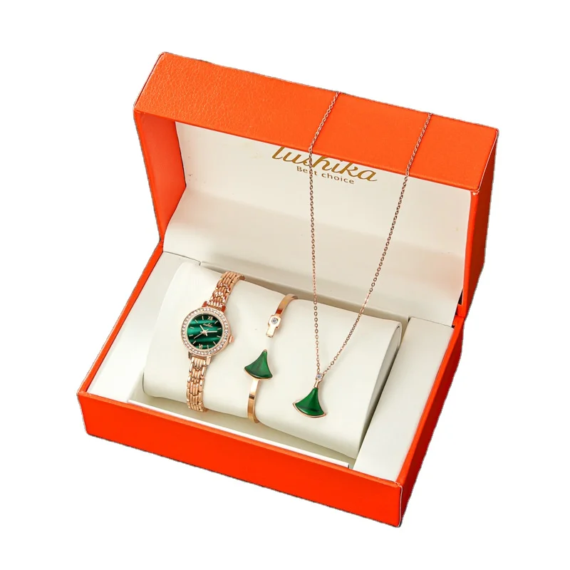

LUSHIKA Brand Women Bracelet Necklace Watches Set Fashion Ladies Quartz Watch Bracelet Set Green Dial Simple Rose Women Watch