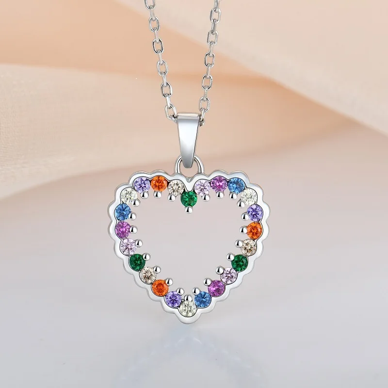 

925 Sterling Silver Rainbow Zircon Multi-Colored Cubic Zirconia Open Heart Pendant Necklace for Women Rainbow Necklace