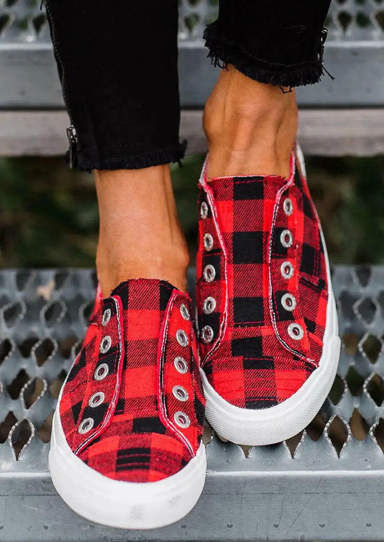 Women Buffalo Plaid Slip-on Round Toe Flat Sneakers - Buy Plaid Slip-on ...