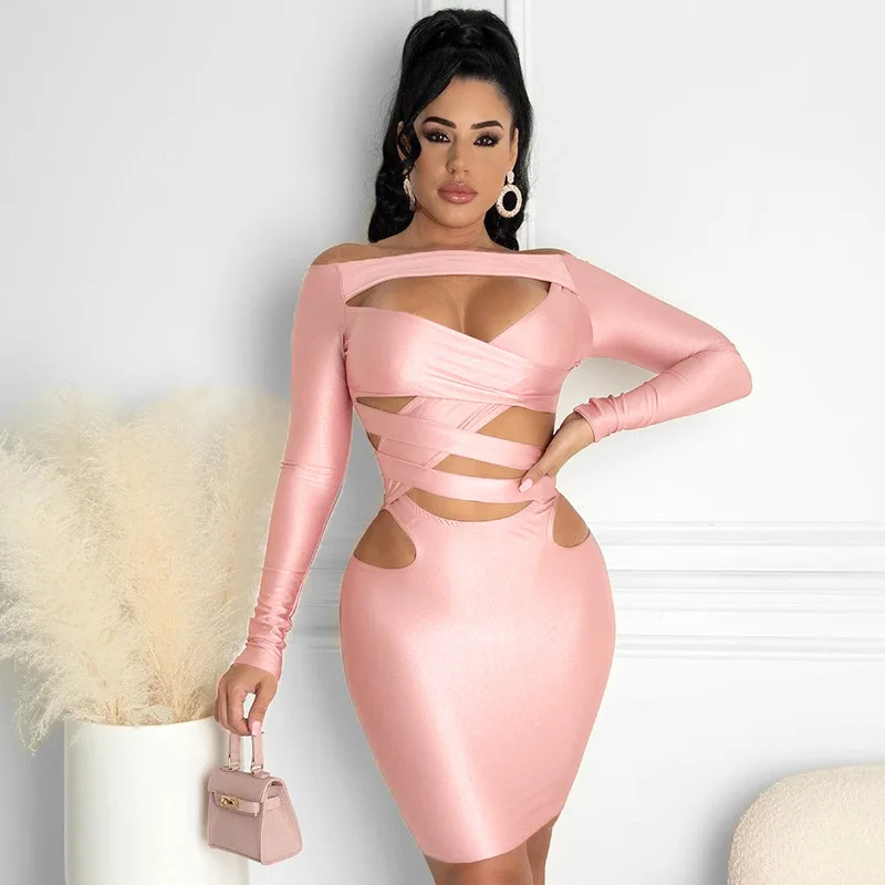 

YD Wholesale cheap clothes online fall pink bodycon dress long sleeve pullover midi bandage dress 2021