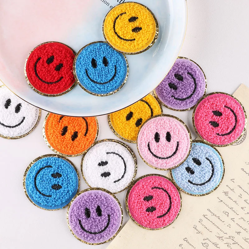 

Round gold glitter edge iron on embroidered chenille smiley face sweater patches, Yellow ,pink,blue,rose,white.....