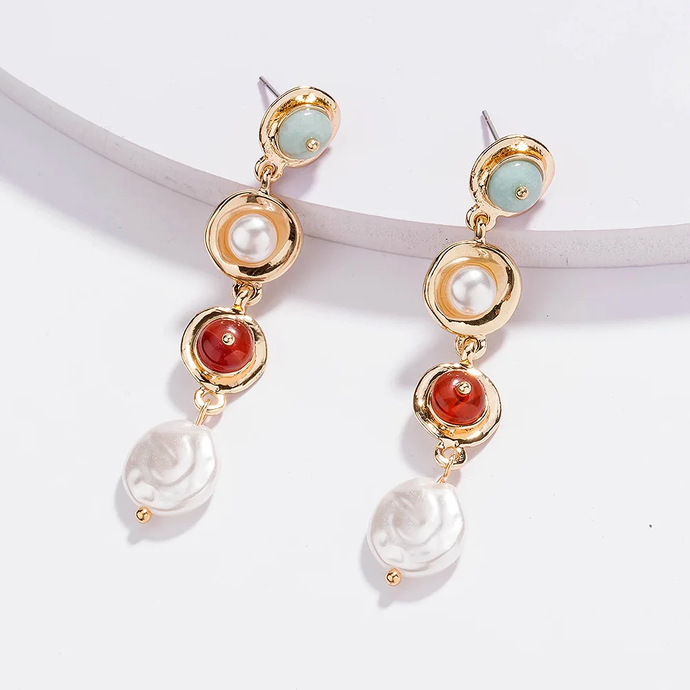 

Vintage Classic Palace Style Long Tassel Pearl Round Natural Stone Beads Drop Earring Alloy Natural Stone Pearl Pendant Earrings