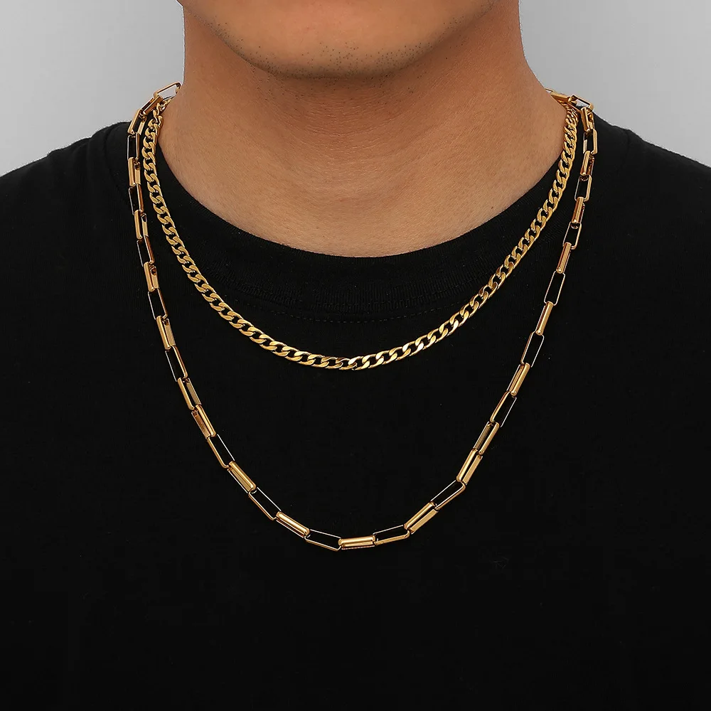 

Fashion Simple Gold Hollow Link Chain Necklace Double Layers Stainless Steel Real 18K Gold Plated NK Chain Necklace For Men