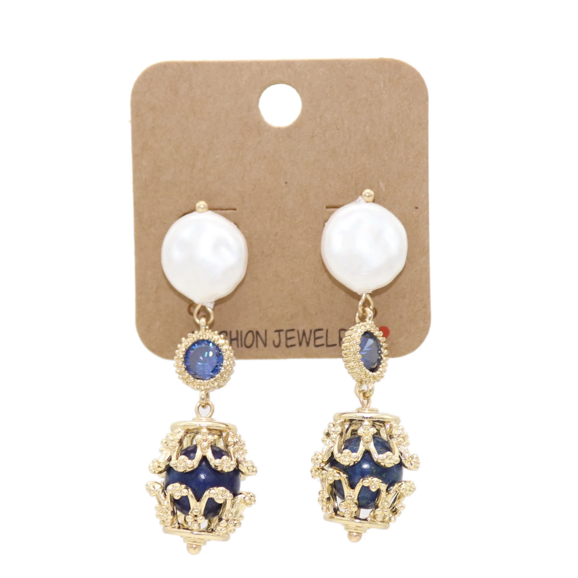 

New American Style Pearl Blue Natural Stone Jewelry Earrings Luxury Palace Style Gold Plated Earrings Trendy, Gold color