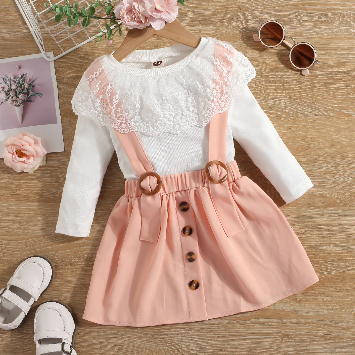 

Toddler Girls Clothing set Infant solid long sleeve lace collar shirt and sleeveless overalls skirt 2 pcs set for kids, Picture shows