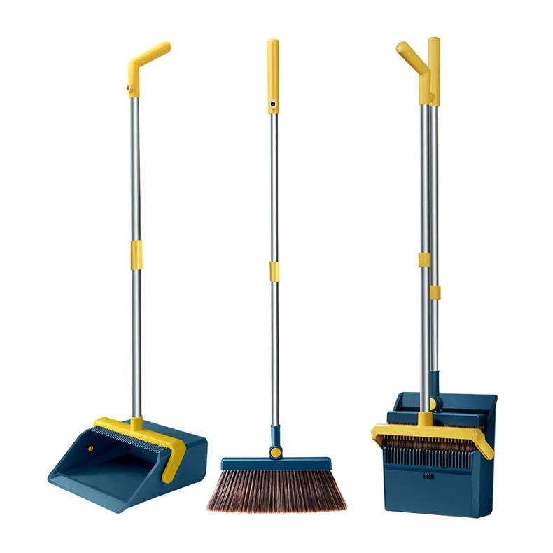 

Upgraded Home Office Lobby Floor Use Telescopic Pole Folding Dual Comb Teeth Upright Stand Up Broom Dustpan Set, Blue, white