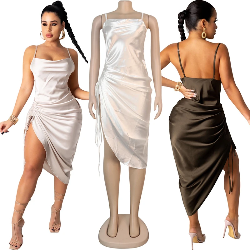 

new arrivals 2021, Sexy drawstring silk satin slip dresses Casual strap split backless elegant dress