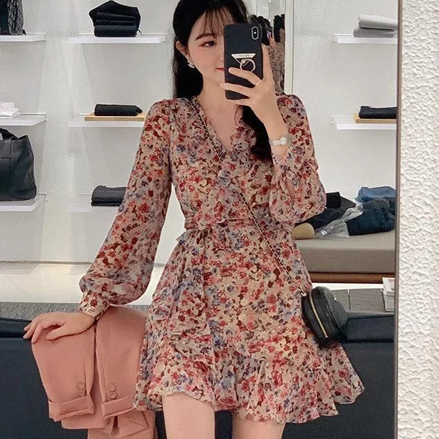 

2021 new ladies dress elegant Korean women chiffon floral print dresses