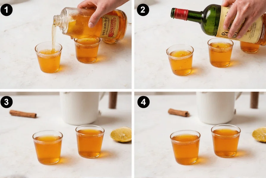 Step-by-step preparation of cinnamon whiskey jello shots showing gelatin mixture being poured into shot cups with Jameson bottle and cinnamon sticks