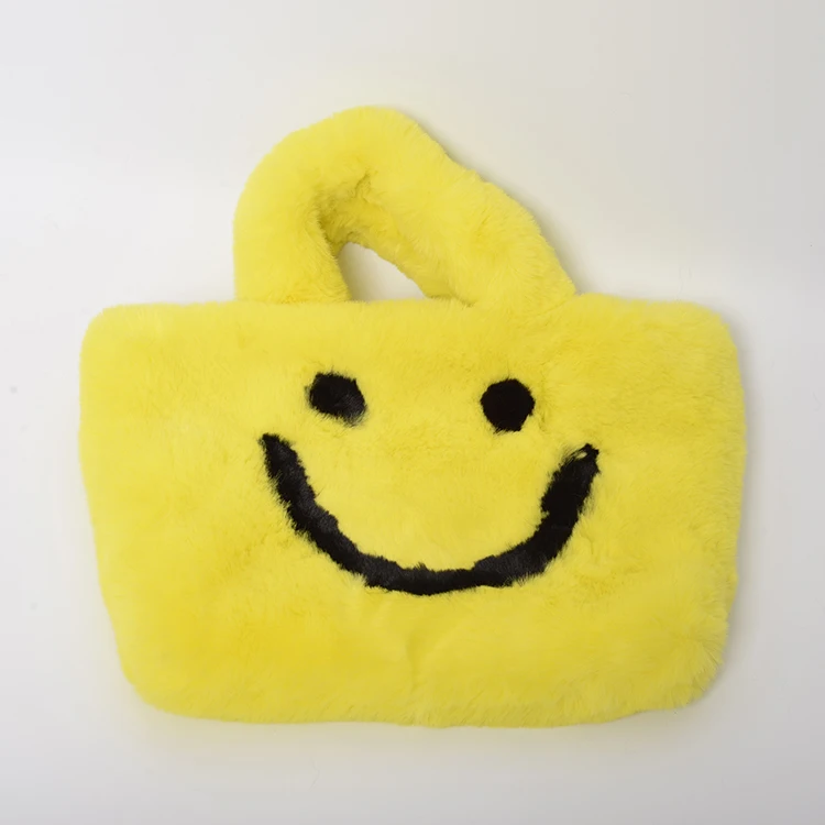 

Jtfur Winter yellow bag smiley face plush fuzzy fur handbag women faux fur purse, Customized color