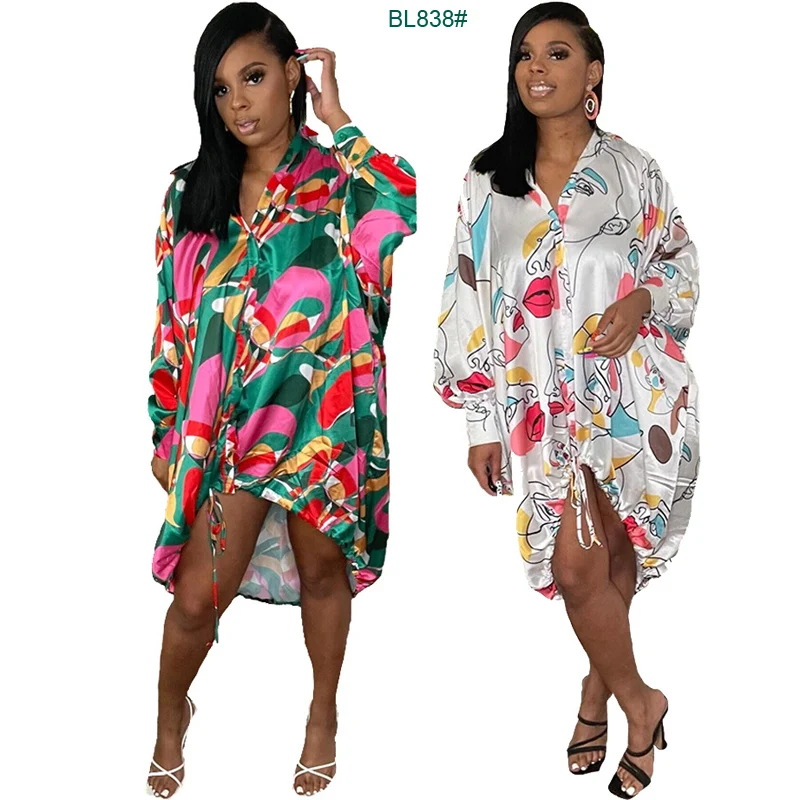 

European and American women's long-sleeved Satin Blouse dress