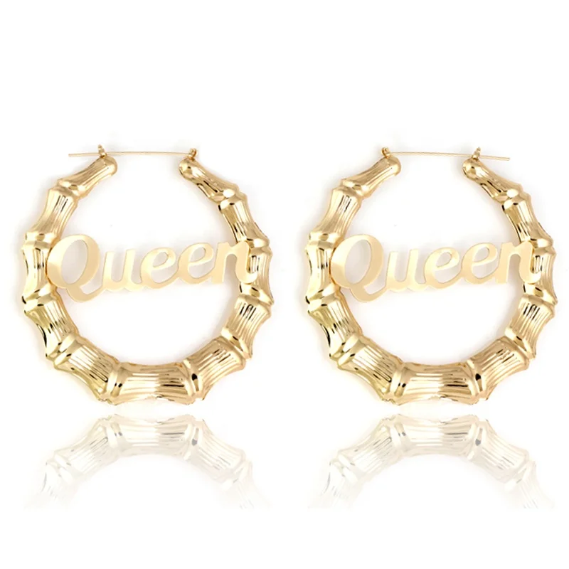 

America Exaggerated Letter Queen 9cm Huge Gold Bamboo Name Earrings Custom Bamboo Hoop Earrings