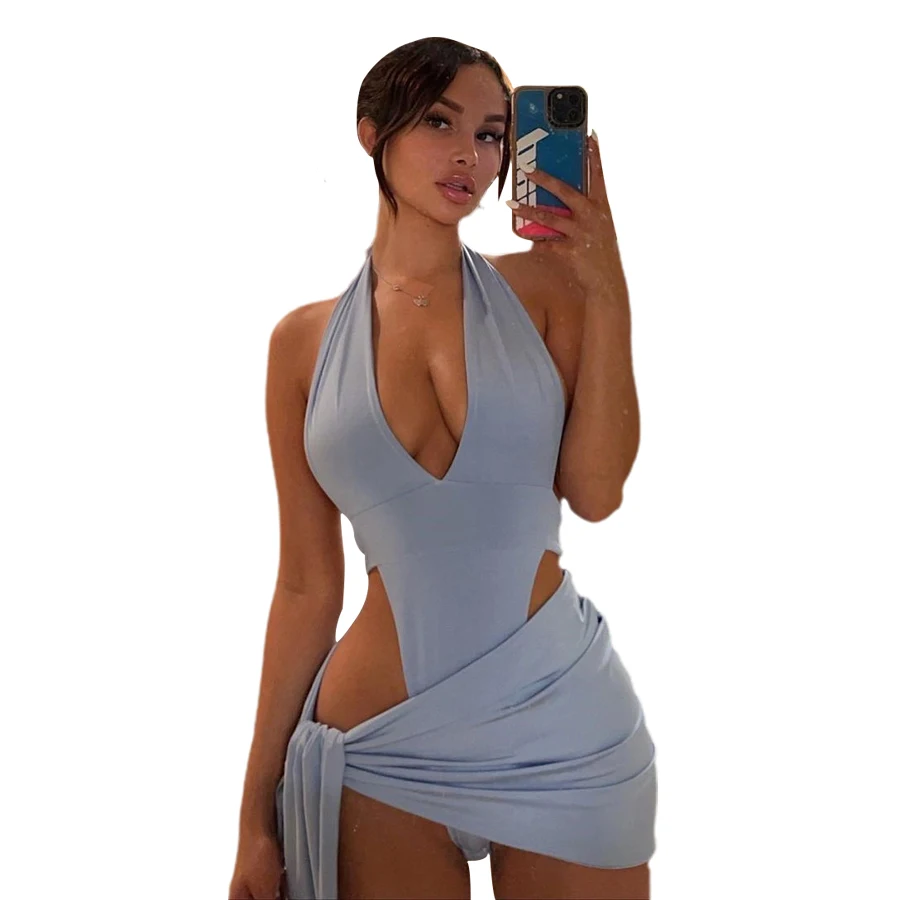 

2021 Summer Clothing Solid Deep V-neck Halter Bodysuit Skirts Set Clubwear Party Sexy Side Bow Women Two Piece Sets