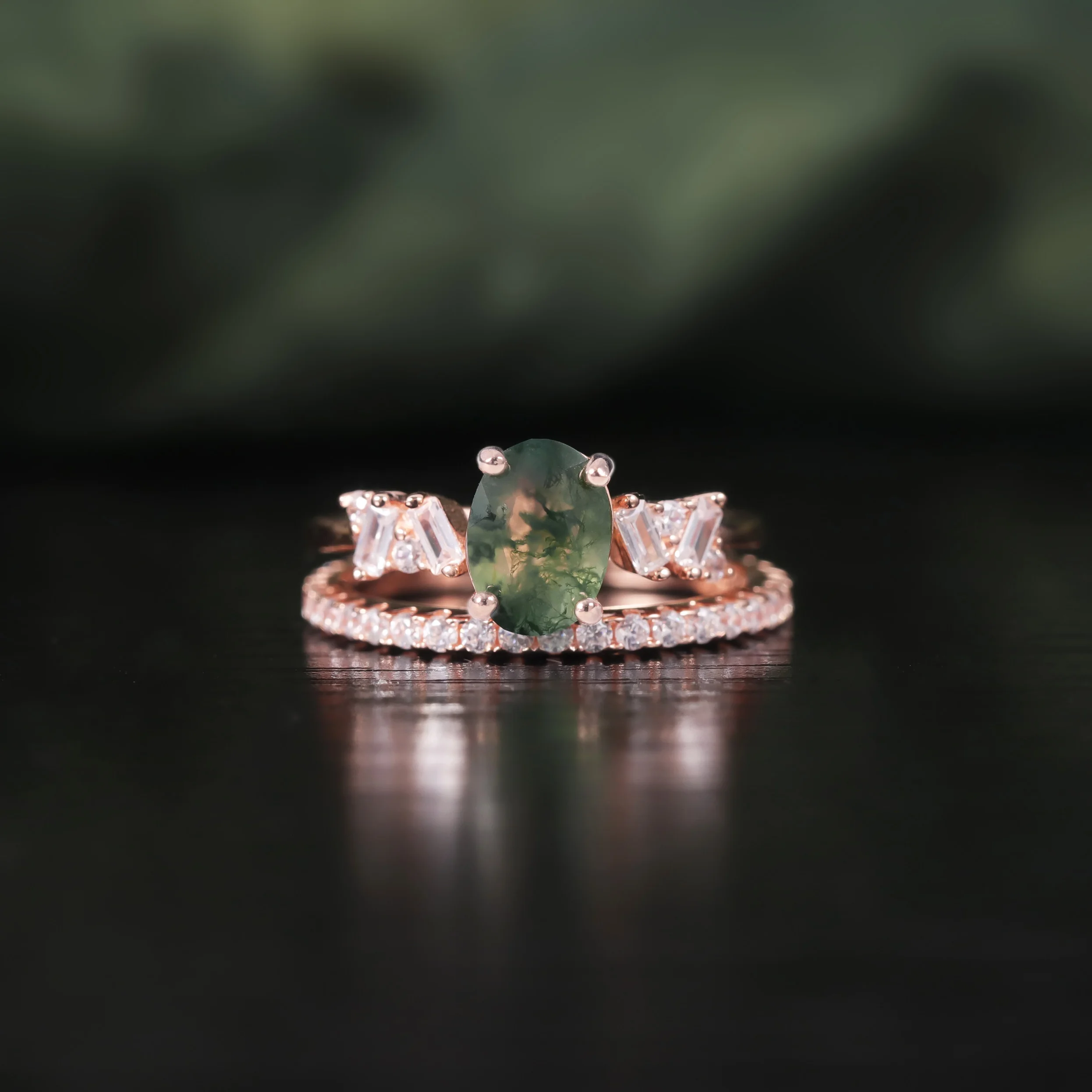 

Abiding Custom Dainty Jewelry Vintage Rose Gold Plated 925 Sterling Silver Oval Moss Agate Western Ring Wedding Bridal Sets