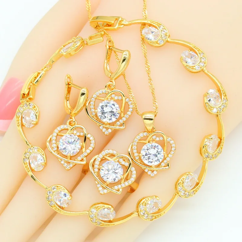 

Heart Gold Color Jewelry Sets for Women White Stone Bracelet Necklace Pendant Earrings Ring Gift