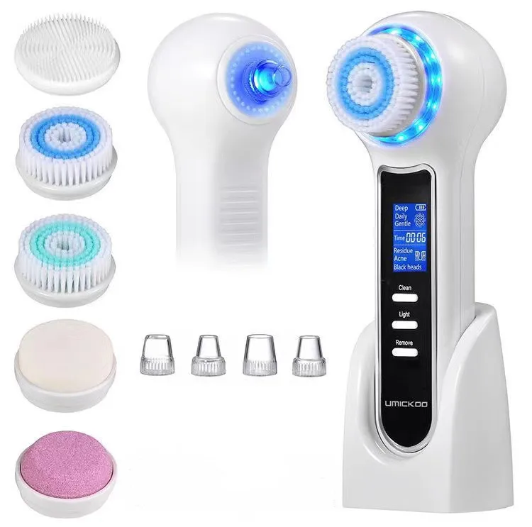 

new product face pore cleaner ipx7 sonic silicone electric 3 in 1 facial cleansing brush with led light vacuum blackhead remover, White