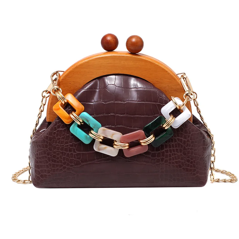 

2021 Wooden Clip Colorful Chains Shoulder Crossbody Bags Crocodile Pattern Shell Shape Women Purses and Handbags Ladies