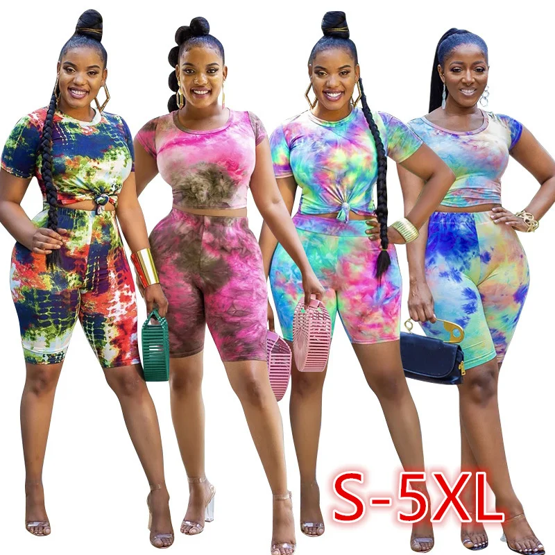 

2020 plus size Two Piece Sets Fashion Casual Women Sexy Round Neck Colorful Tie Dye plus size women clothing