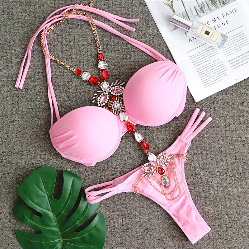 

2020 Custom Jewelry Connector Solid Color Bikini Swimwear