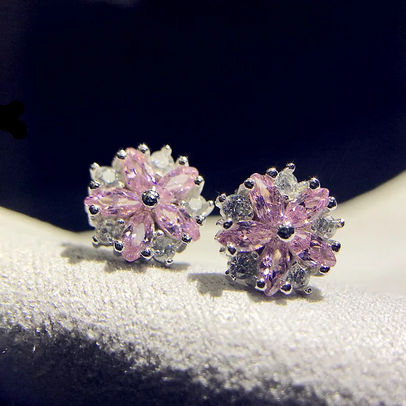 

Inlaid pink white zircon small flowers romantic lady style diamond earrings simple earrings female S925 silver, Pink+white/oem