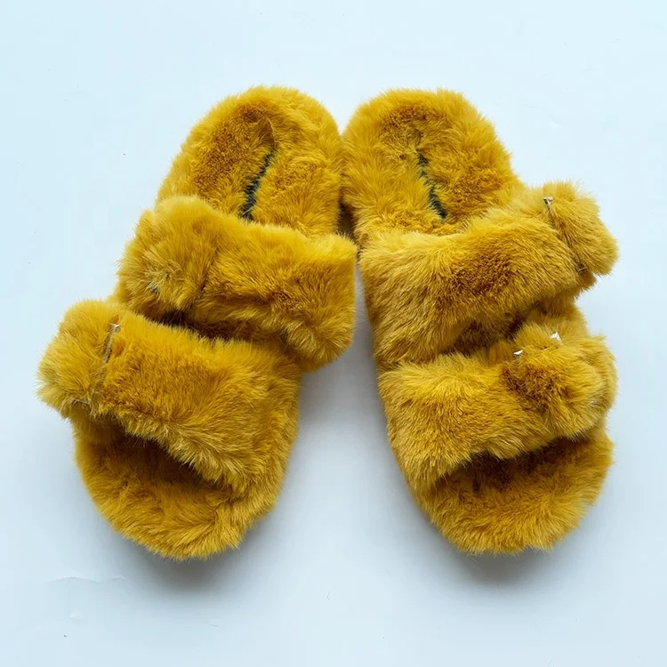 

New Arrivals Big Furry Faux Soft Mink Fur Slipper Women's Fall Spring Outdoor Slider Lady Double Straps Sandals
