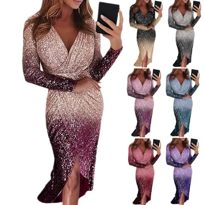 

2021 Lady Dress Formal Party Deep V-Neck Bling Women's Long Skirt Party Dress Long Sleeve Gradient Sequins Bodycon Evening Dress, Picture shows