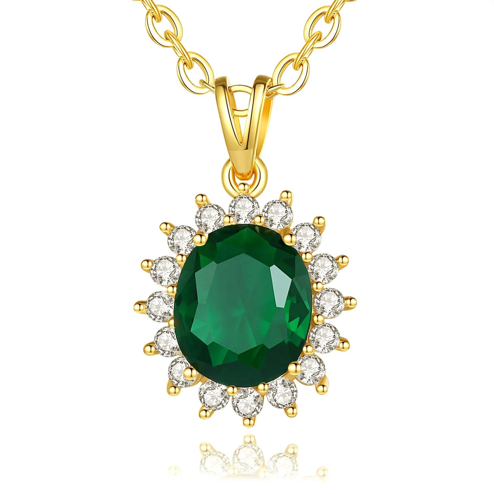 

Oval Emerald Green CZ Diamond Stone 925 Sterling Silver Gold Plate Jewelry Cubic Zirconia Pendant Necklace for Women