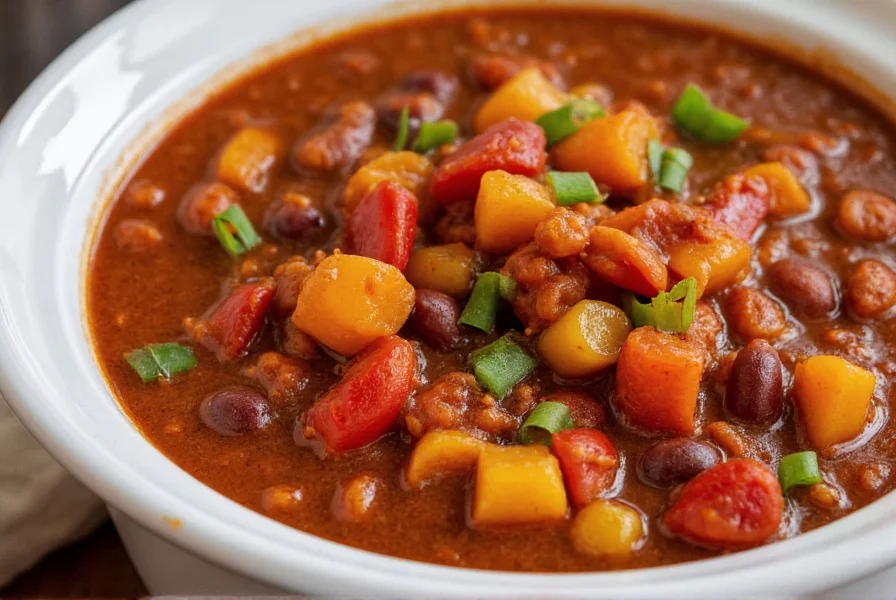 Healthy slow cooker chili recipe with vibrant vegetables and beans in ceramic dish