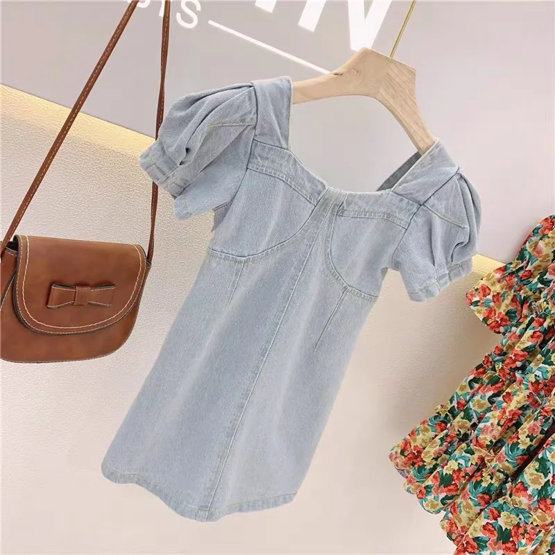 

New fashion toddler Girls summer solid short puff sleeve denim dress, Picture shows