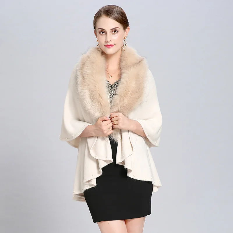 

Autumn/Winter faux fox fur collar pearl plus size Poncho for women