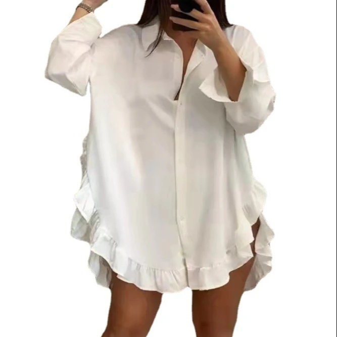 

MT234-8120 Fashion Flounces Slit Chiffon Cardigan Solid Color Plus Size Women's Blouses White Shirts Long Sleeve Sexy Blouse