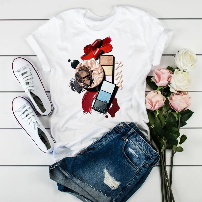 

Suncree Creative Nail Polish Printing T shirt Women Summer Casual 3D Printing T Shirt, As pictures